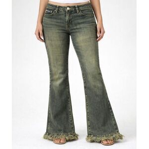 Y2K Low Rise Bootcut Jeans BoHo Fringe Hem Cargo Pockets Size 27 Hippie